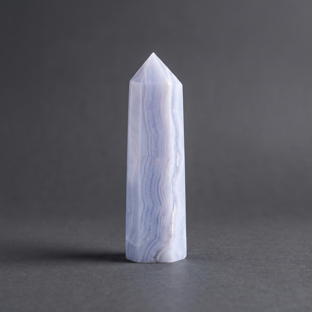 Pointe minérale polie en calcédoine bleue veinée, haute de 70 à 90 mm