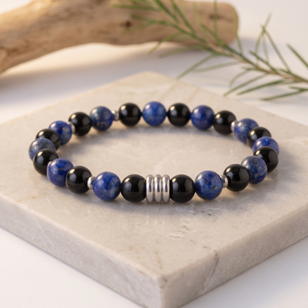 Bracelet homme en lapis-lazuli bleu et onyx noir avec détails argentés sur fond clair