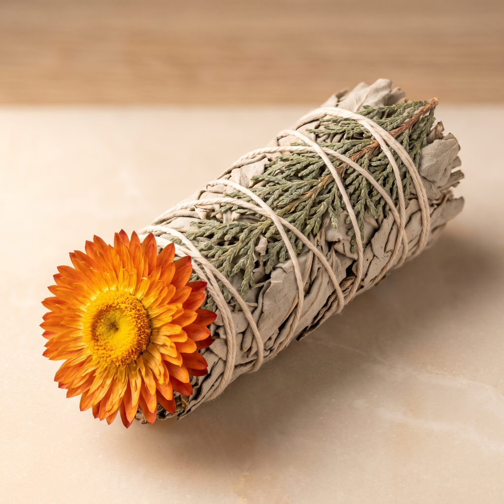 Bâton de sauge blanche avec brins de cèdre et fleur de paille orange sur fond clair