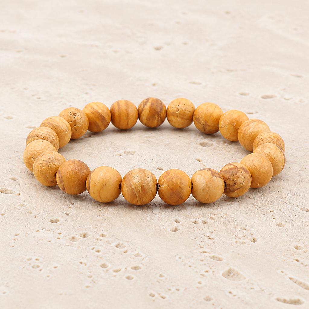 Bracelet en bois de palo santo 10 mm sur travertin clair