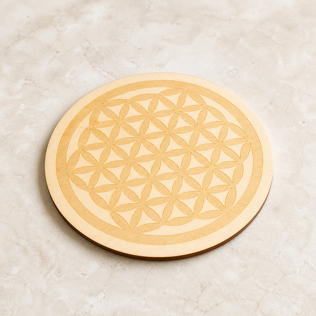 Plaque Fleur de Vie gravée en bois - 10 cm, vue complète sur une surface minérale claire