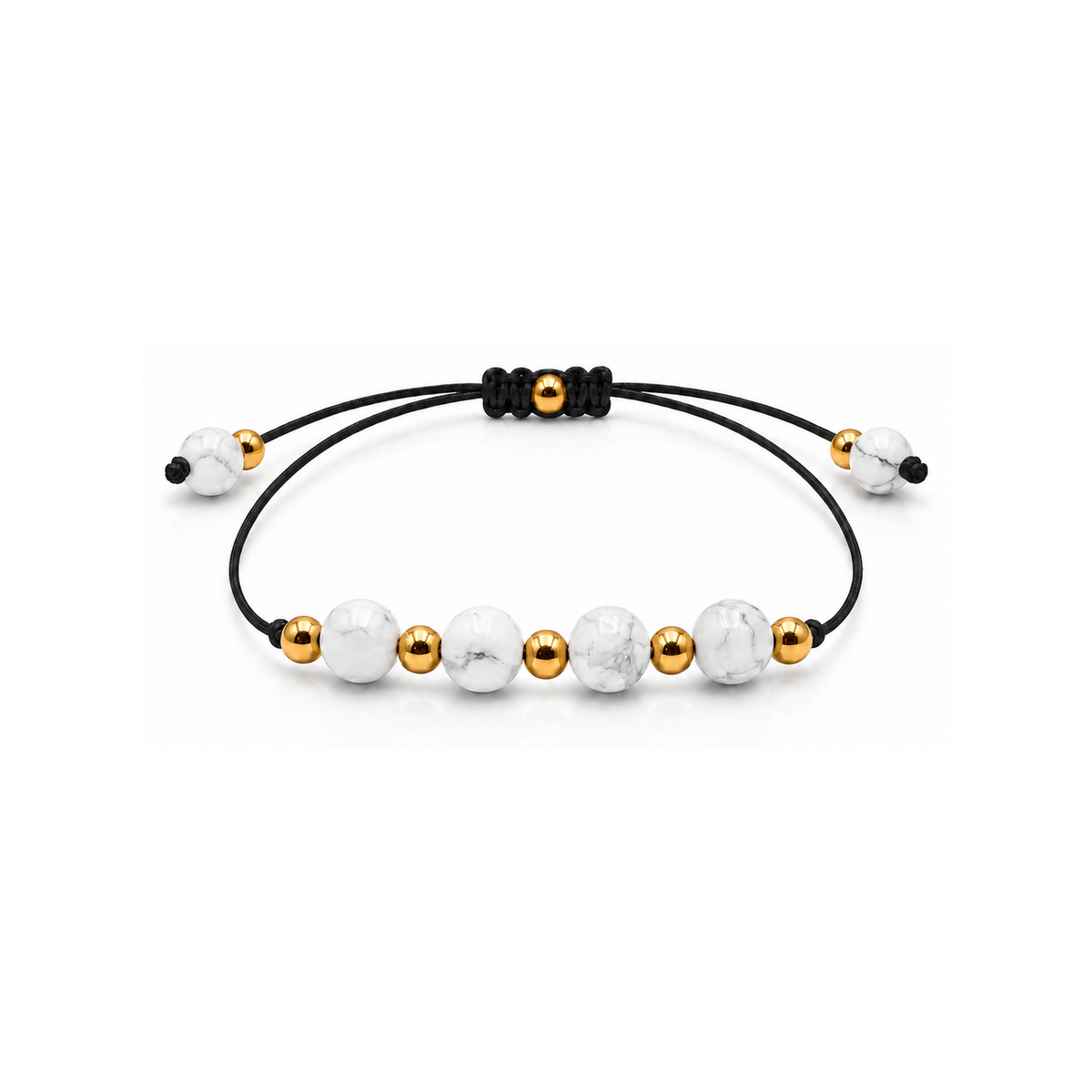 Bracelet doré en howlite blanche 6 mm, vue complète sur fond blanc pur avec construction et réglage visibles