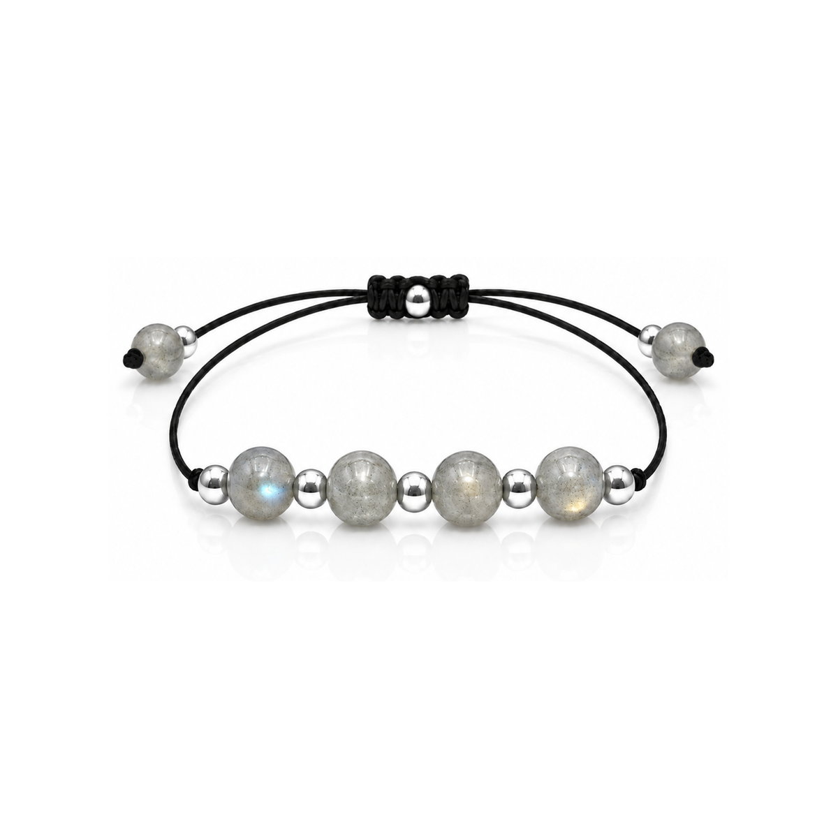 Bracelet argenté en labradorite 6 mm, vue complète sur fond blanc pur avec construction et réglage visibles