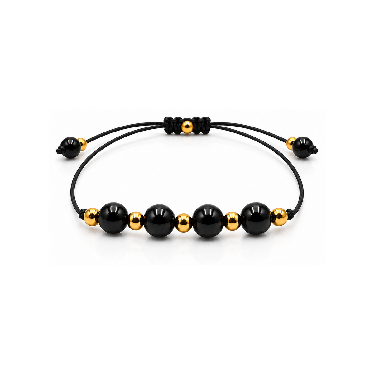 Bracelet doré en obsidienne noire 6 mm, vue complète sur fond blanc pur avec construction et réglage visibles