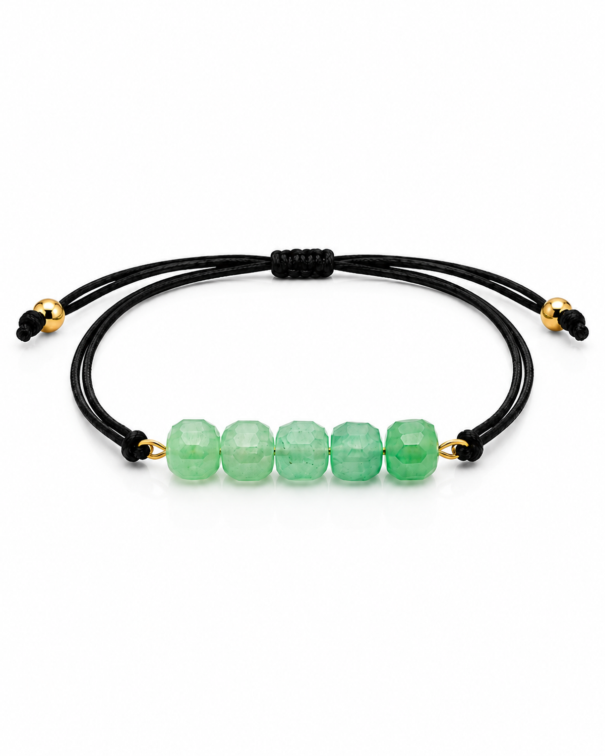 Bracelet doré en aventurine verte 6 mm, vue complète sur fond blanc pur avec construction et réglage visibles