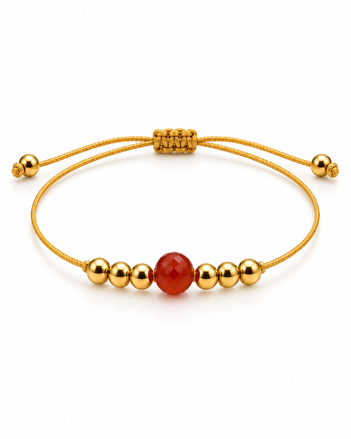 Bracelet doré en cornaline 6 mm, vue complète sur fond blanc pur avec construction et réglage visibles