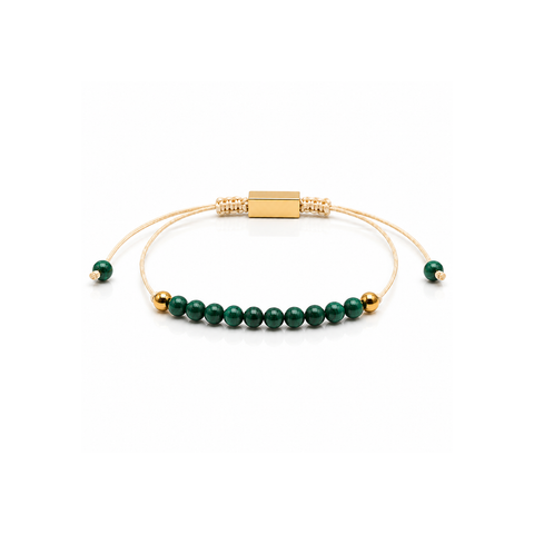 Bracelet malachite 4 mm entier, dix pierres devant, cordon écru et bloc doré