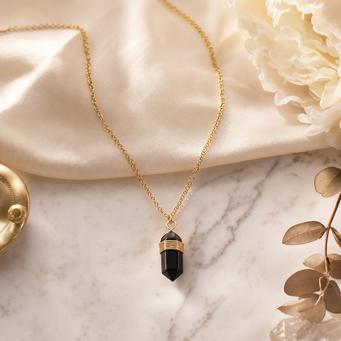 Collier obsidienne noire boho doré