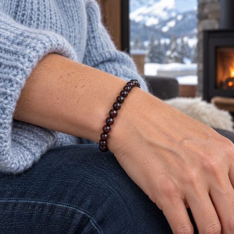 Bracelet en grenat rouge 6 mm porté au poignet à l'échelle annoncée