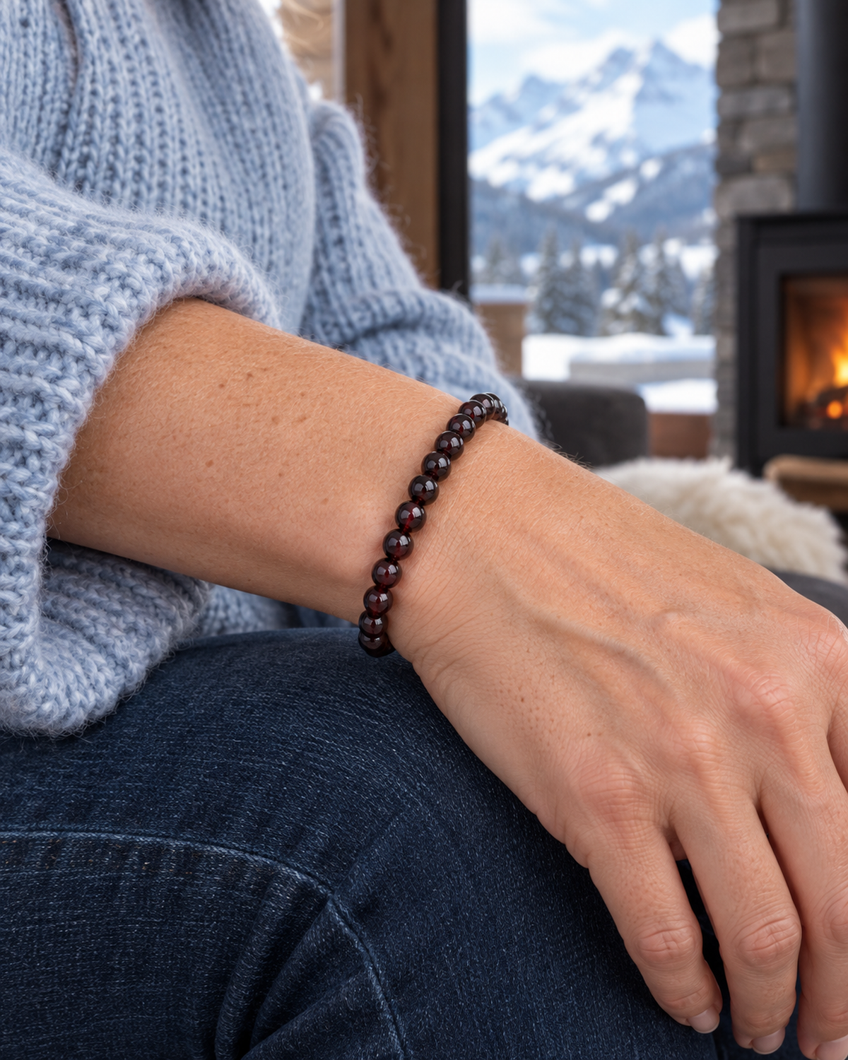 Bracelet en grenat rouge 6 mm porté au poignet à l'échelle annoncée