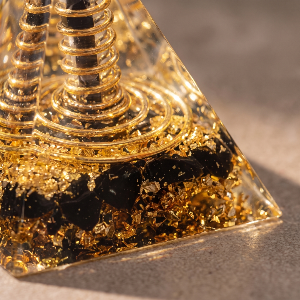 Macro de la spirale dorée et des fragments noirs dans la base de l'orgonite