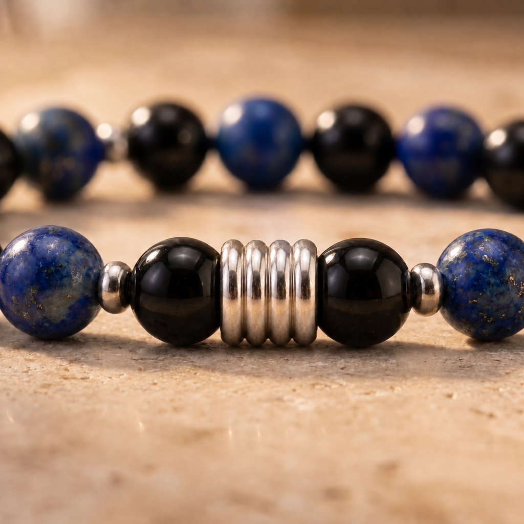 Macro des perles de lapis-lazuli, d'onyx et des quatre anneaux argentés centraux