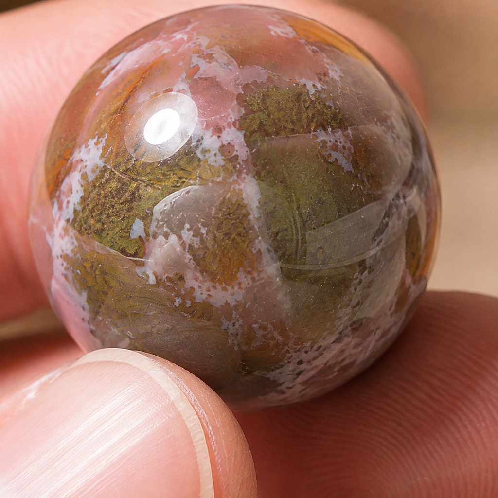 Macro des dessins de la sphère en agate indienne entre les doigts