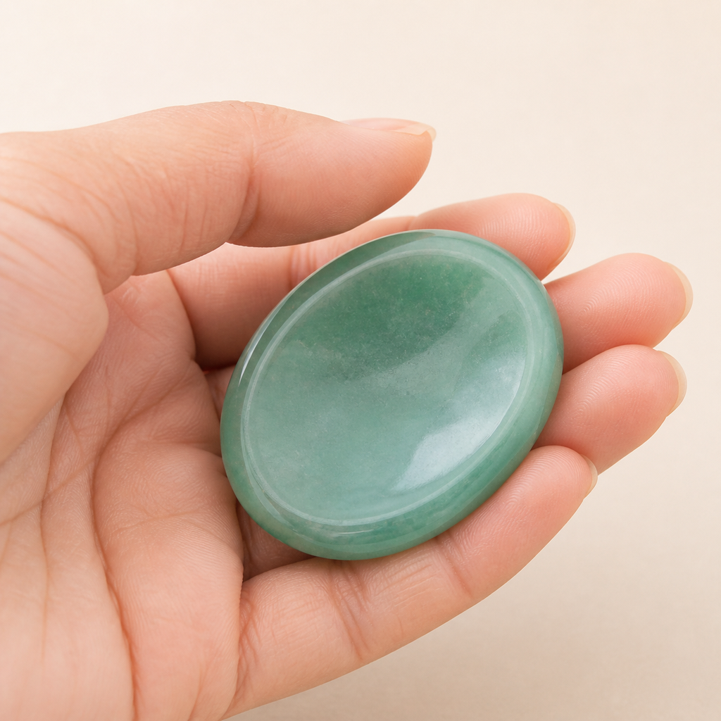Une unité de pierre roulée en aventurine verte - galet 45 à 50 mm présentée en main