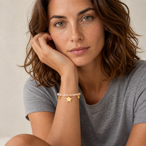 Bracelet Mira doré en quartz rose et cristal de roche porté par Chloé en gros plan