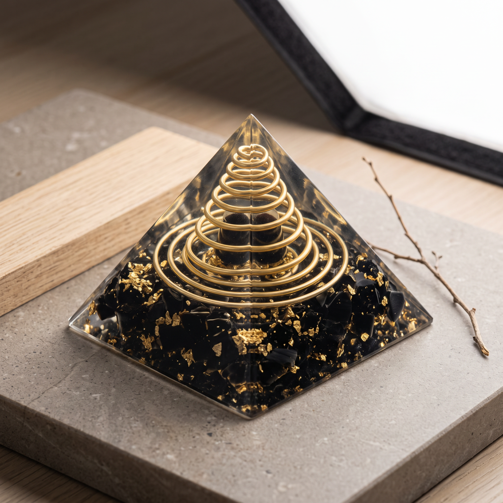 Pyramide en obsidienne noire sur pierre claire avec une branche fine discrète