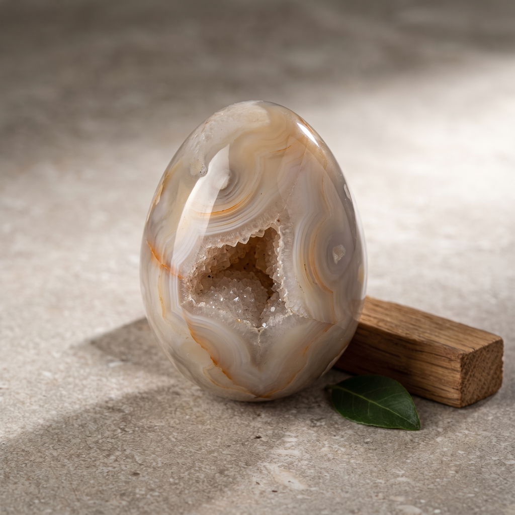 Petit œuf en agate sur pierre grise avec une feuille sombre discrète