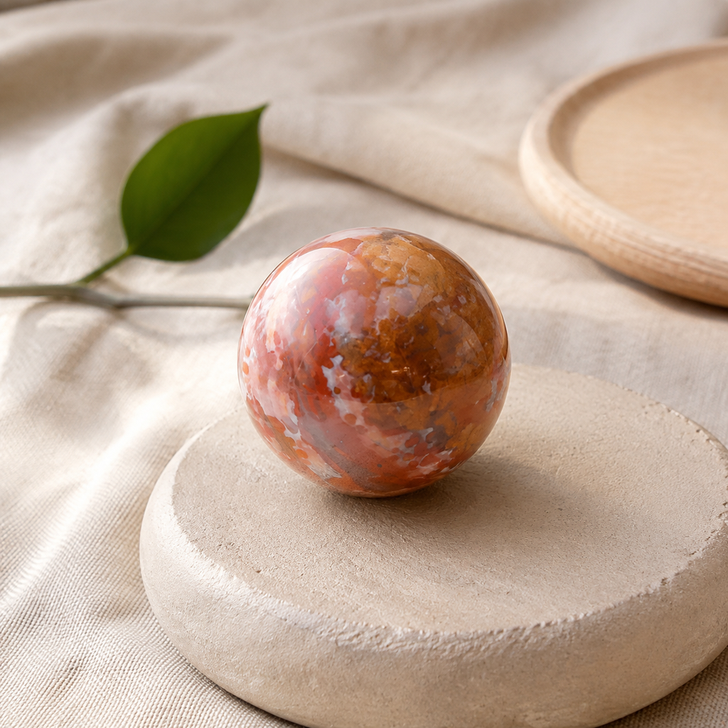 Sphère en agate indienne près d’une feuille verte