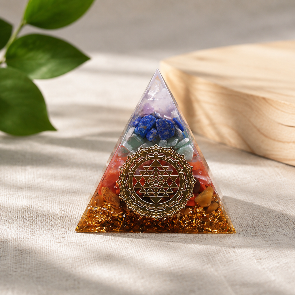 Orgonite 7 chakras sur du lin près d’une feuille verte
