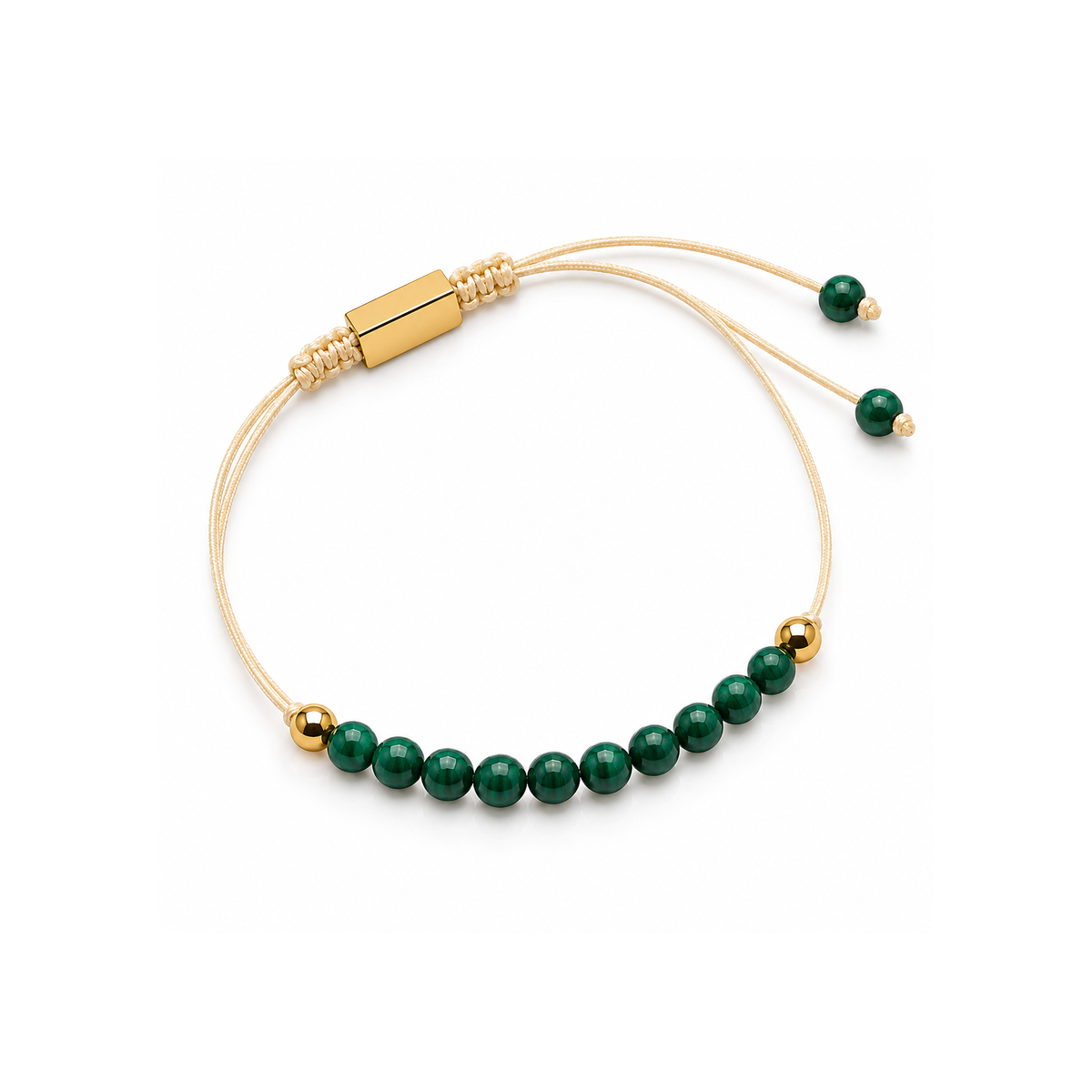 Vue de dessus du bracelet malachite, cordons, deux perles terminales et bloc doré