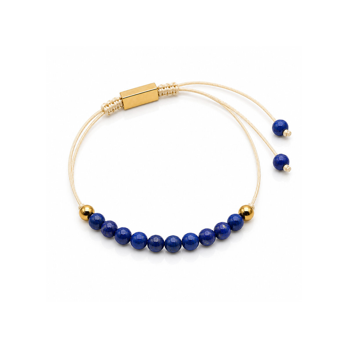Vue de dessus du bracelet lapis, cordons, deux perles terminales et bloc doré
