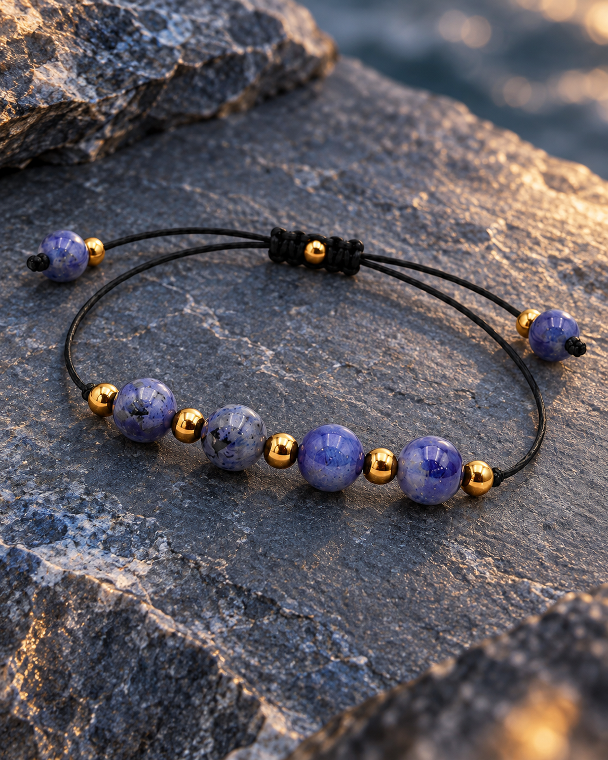 Bracelet doré en sodalite 6 mm, seconde vue complète en diagonale avec le réglage déployé