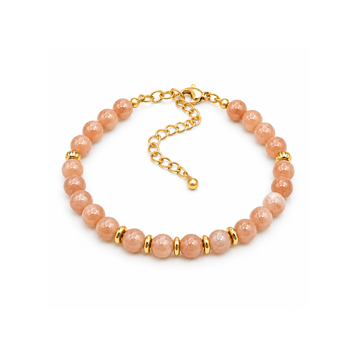 Vue de dessus du bracelet en pierre de lune rose, perles, mousqueton et rallonge