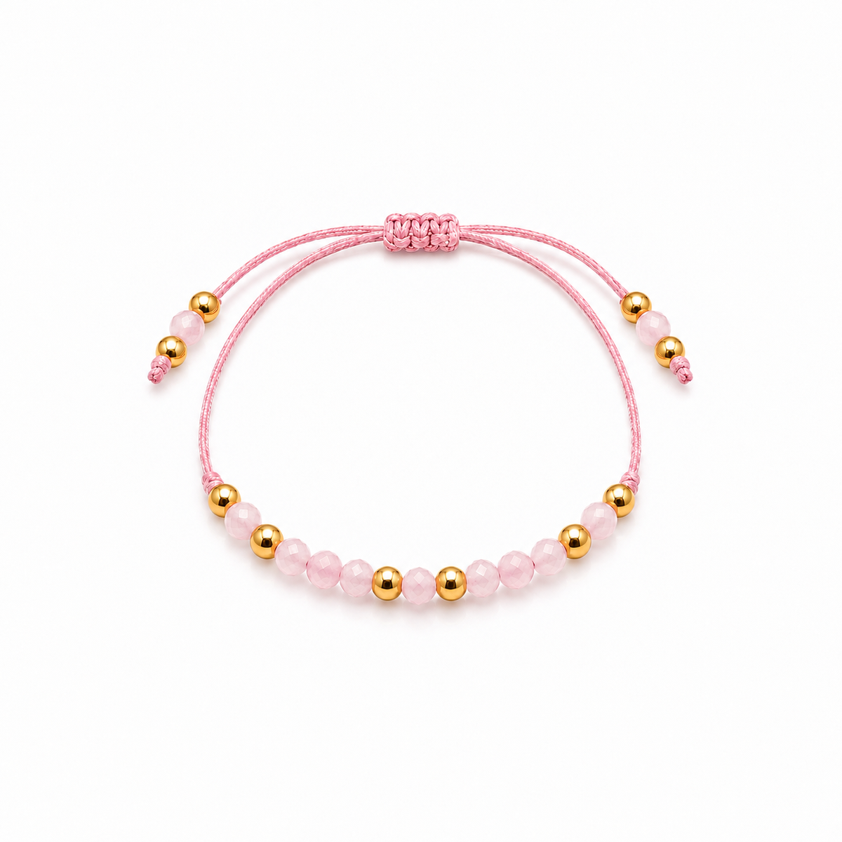 Vue de dessus du bracelet quartz rose et perles dorées et de son cordon réglable