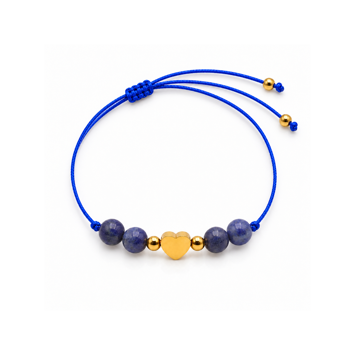 Vue de dessus du bracelet sodalite, cœur doré, cordon et nœud coulissant