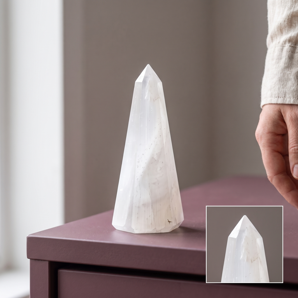 Sélénite pyramidale sur une console calme avec détail agrandi de ses fibres