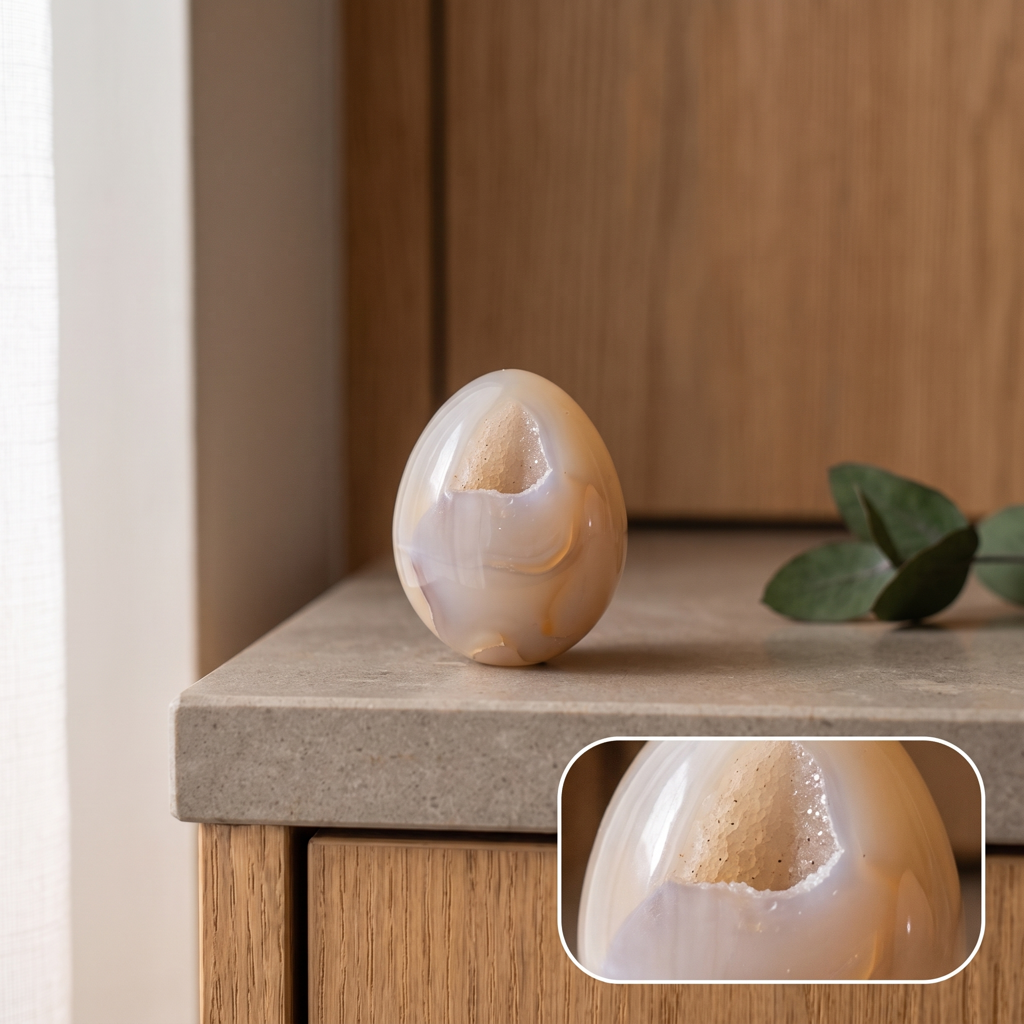 Agate cristallisée dans une scène calme avec encart rapproché issu de la même image