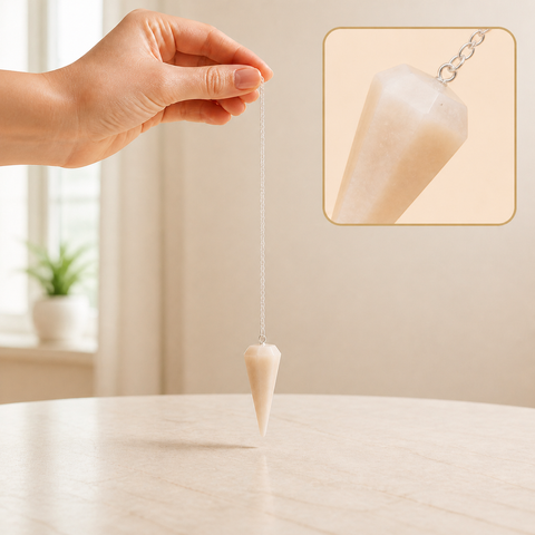 Pendule hexagonal en pierre de lune rose d'Inde, présenté avec sa chaîne