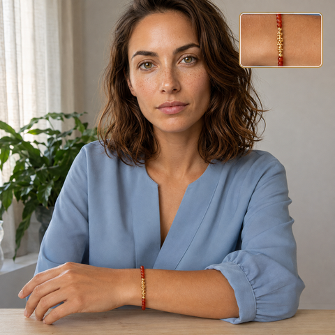 Bracelet doré en cornaline facettée porté en intérieur avec un détail agrandi