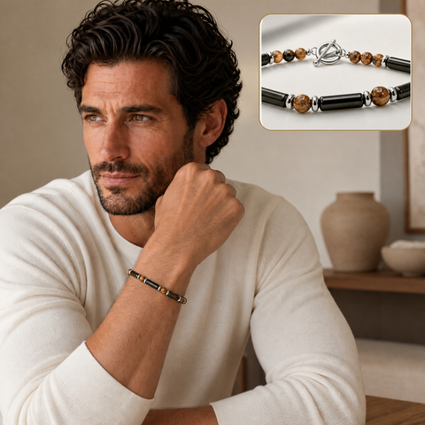 Bracelet Légende en œil de tigre et onyx, porté en situation