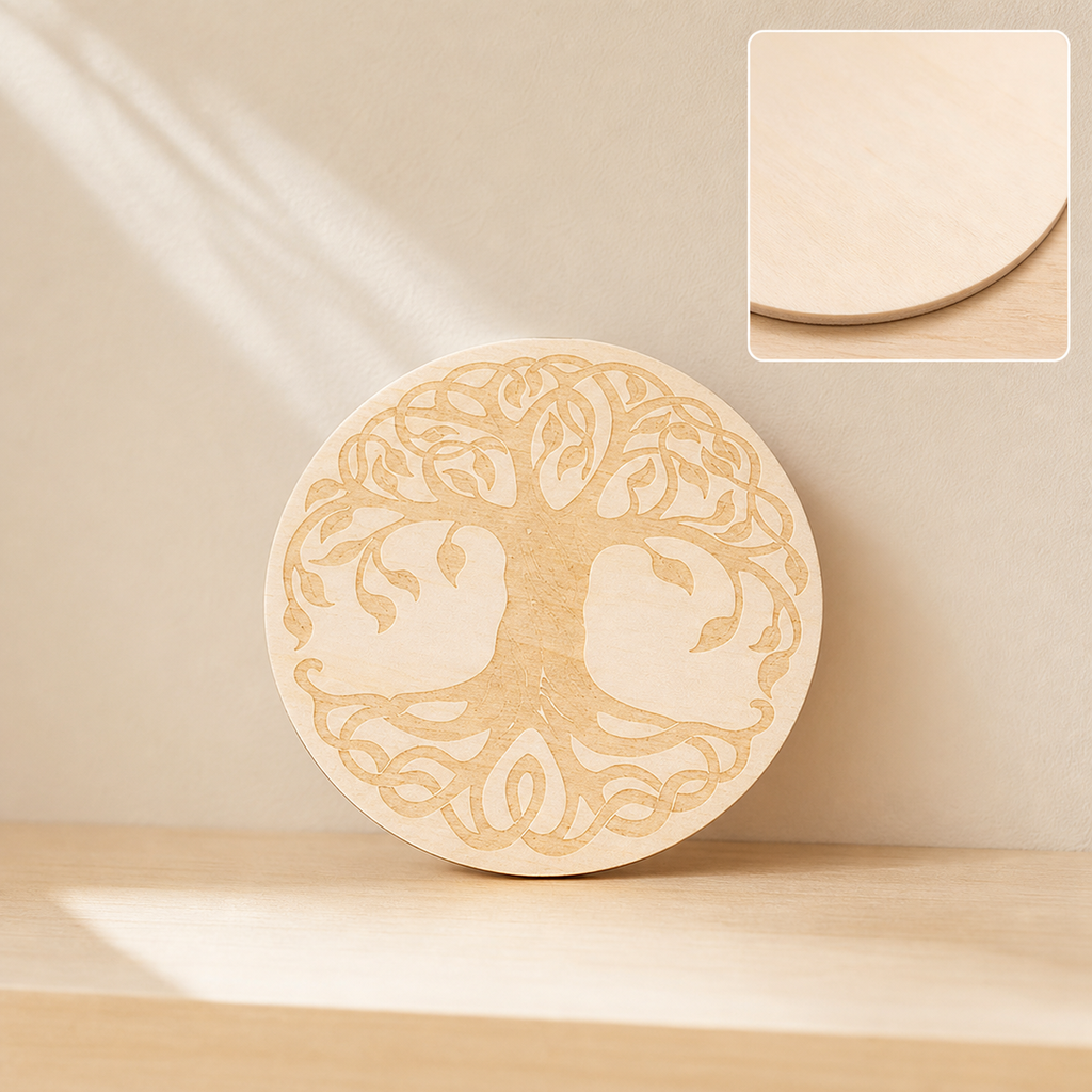 Plaque Arbre de Vie en bois de tilleul - 10 cm en contexte calme avec détail intégré