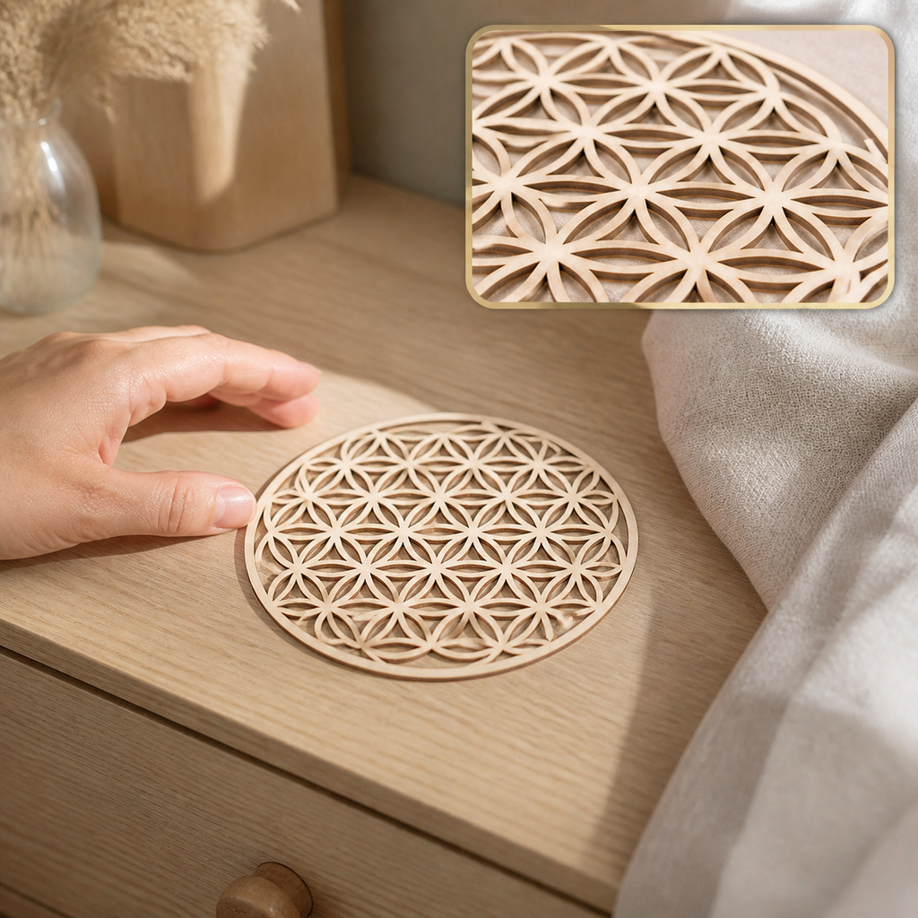 Plaque Fleur de Vie ajourée en bois - 10 cm en contexte calme avec détail intégré