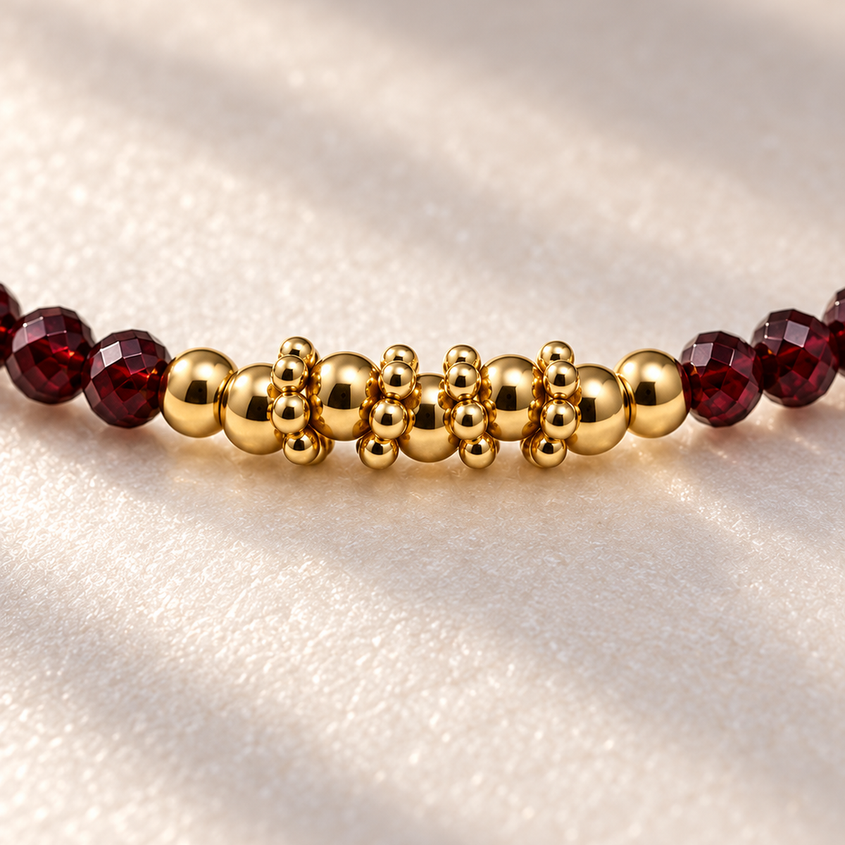 Macro des perles facettées en grenat rhodolite et de la séquence centrale dorée