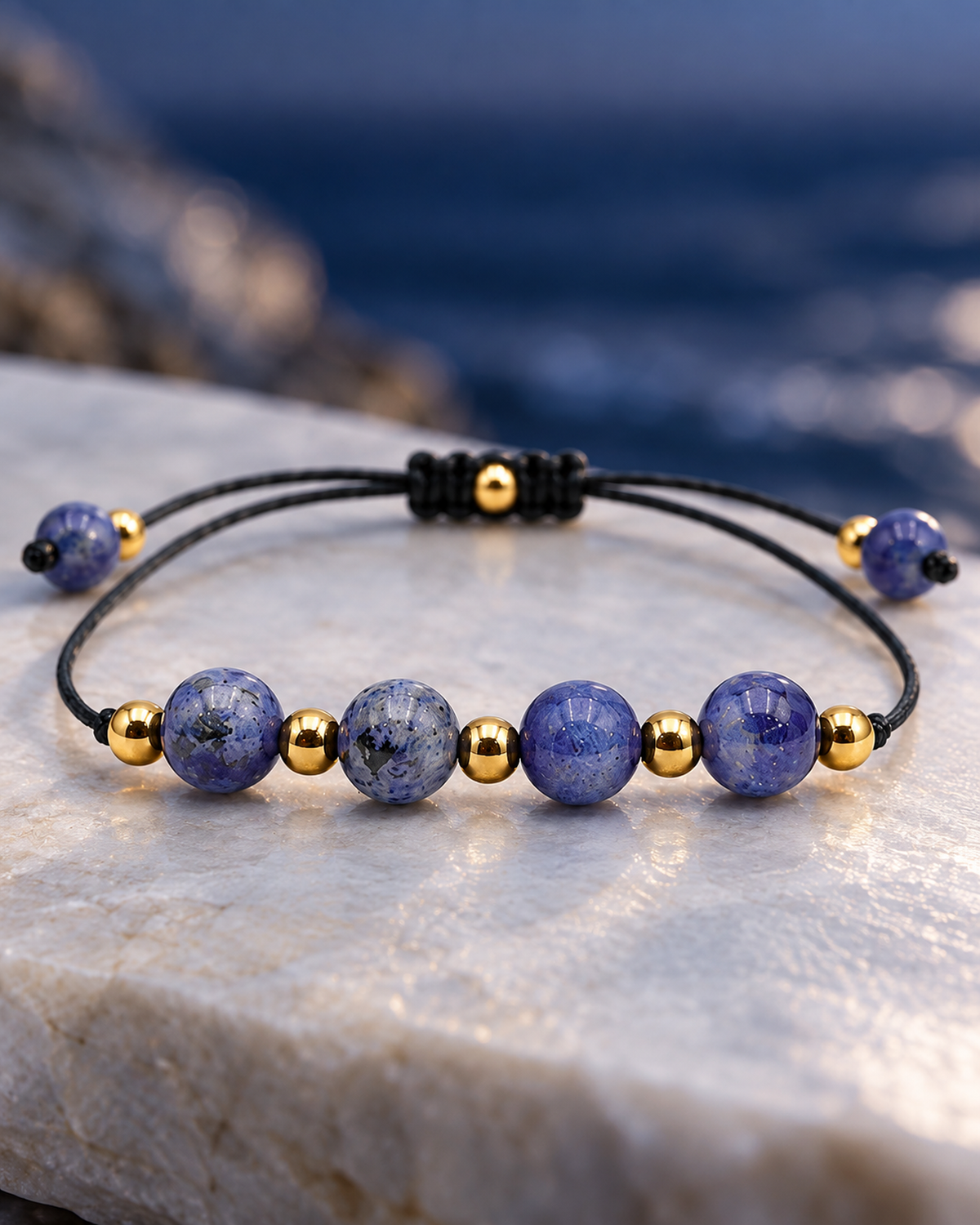 Macro des pierres et de la construction centrale du bracelet doré en sodalite 6 mm