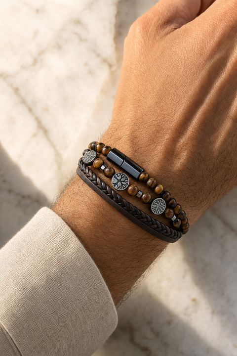 Bracelet homme oeil de tigre et cuir brun porté au poignet