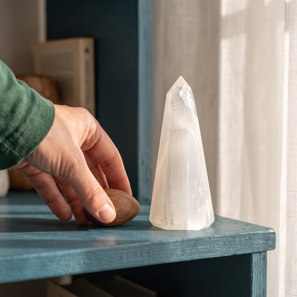 Forme minérale blanche en sélénite dans un intérieur lumineux et coloré