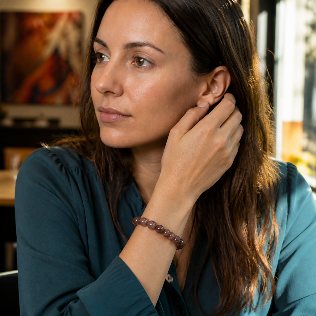 Elena portant le bracelet dans une scène de vie contrastée