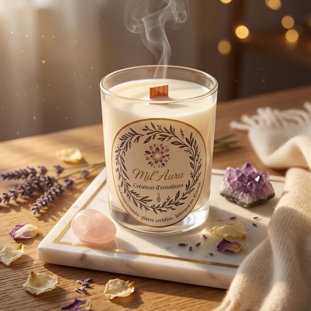 Bougie Élégance - Quartz rose allumée dans une scène de vie en lumière douce