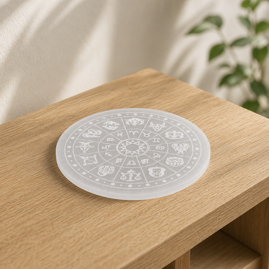 Plaque de rechargement zodiaque en sélénite - 100 mm dans un intérieur clair