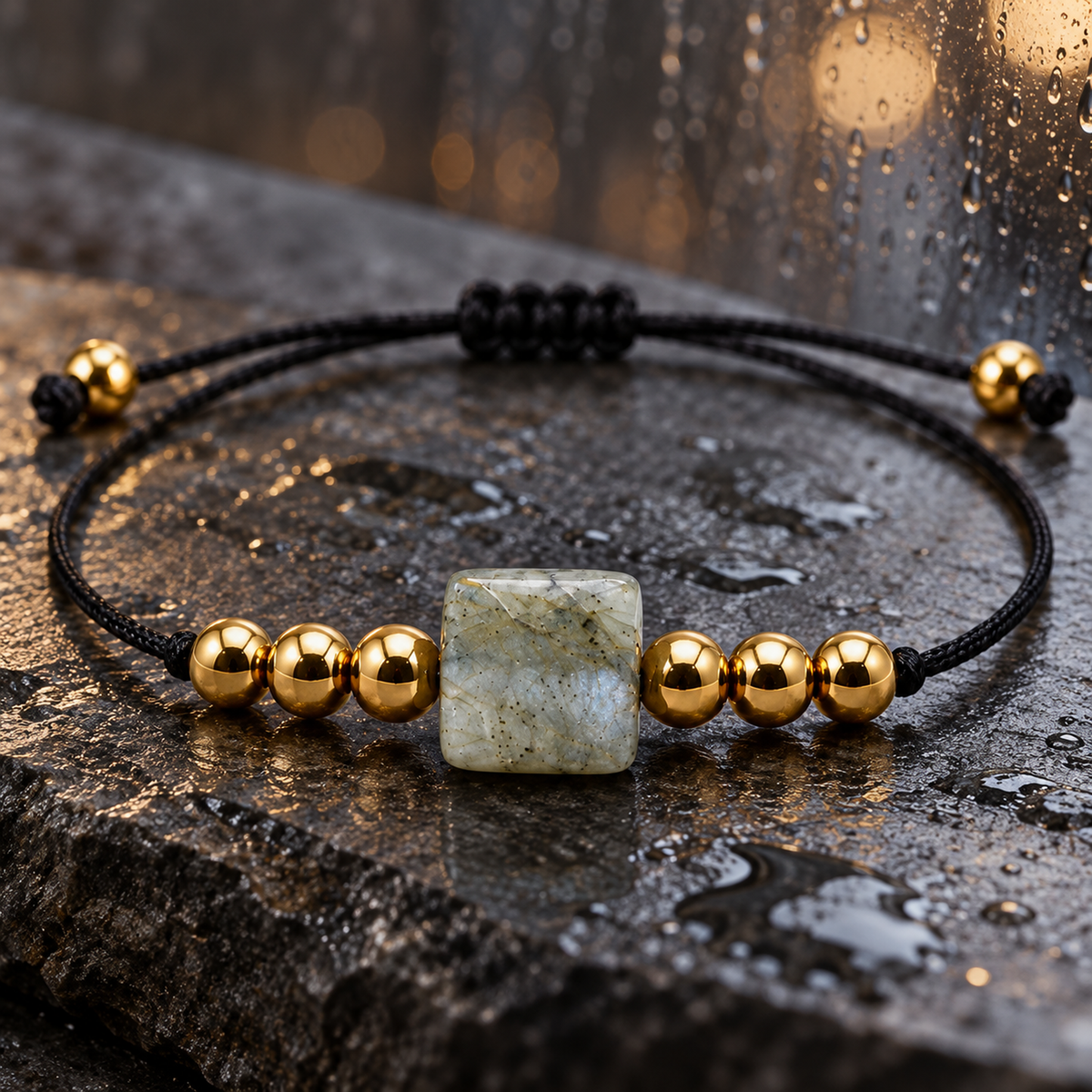 Détail des pierres naturelles et de la finition du bracelet doré en labradorite 8 mm