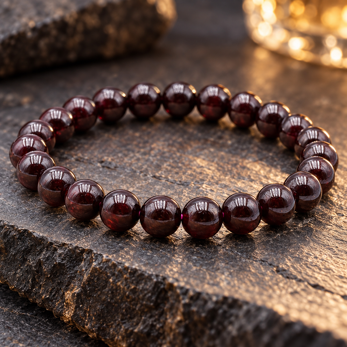 Détail des perles naturelles et de la finition de Bracelet en grenat rouge 8 mm