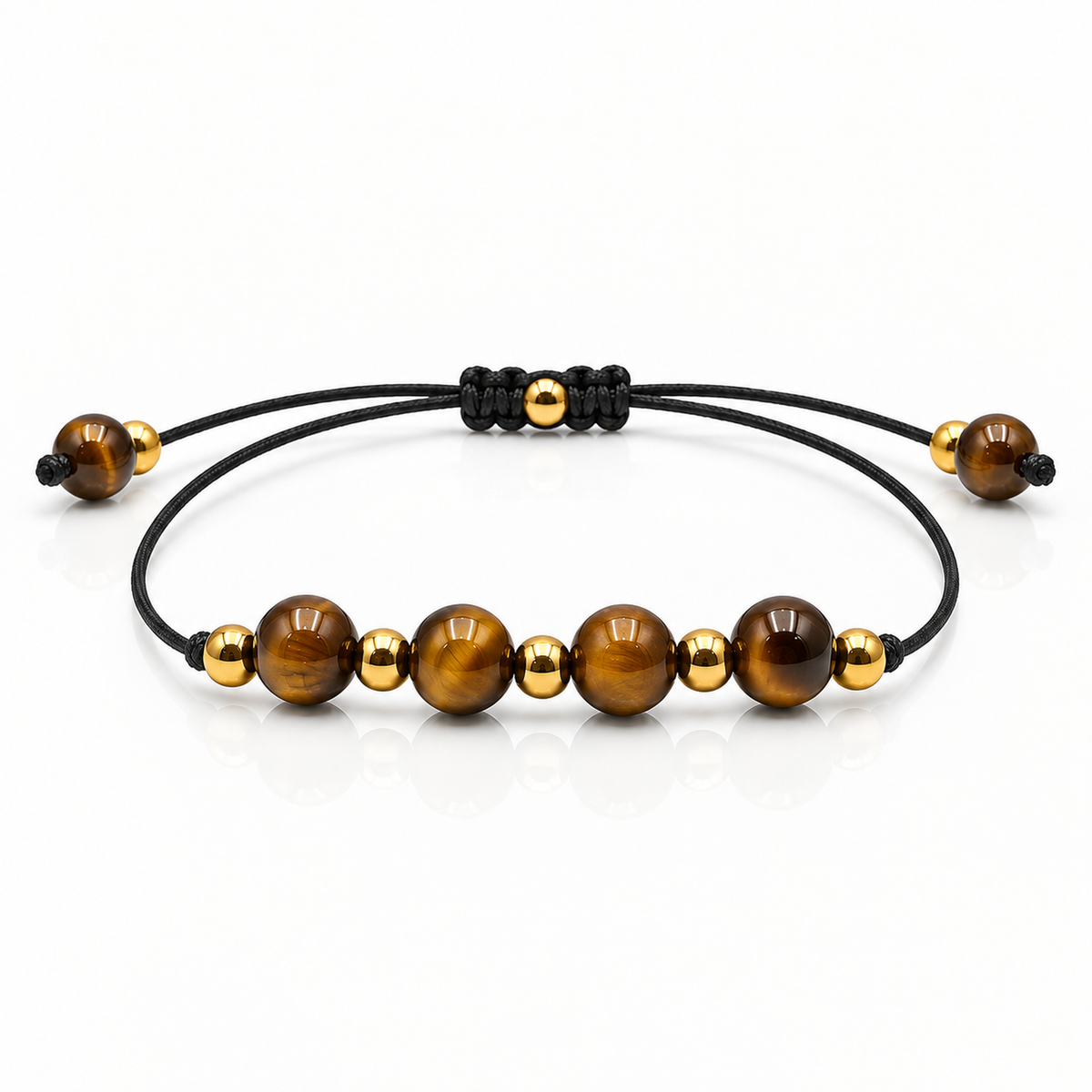Détail technique du réglage et de la construction du bracelet doré en oeil de tigre 6 mm