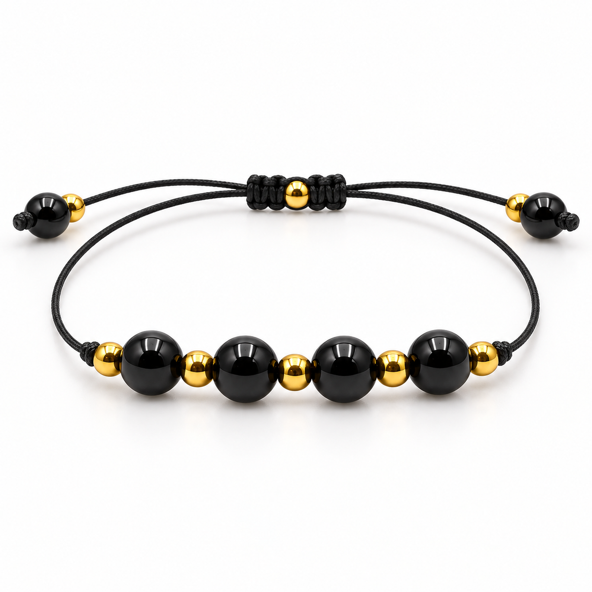 Détail technique du réglage et de la construction du bracelet doré en obsidienne noire 6 mm