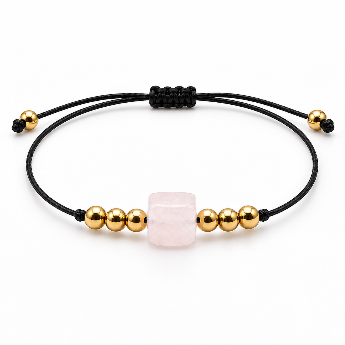 Détail technique du réglage et de la construction du bracelet doré en quartz rose 8 mm