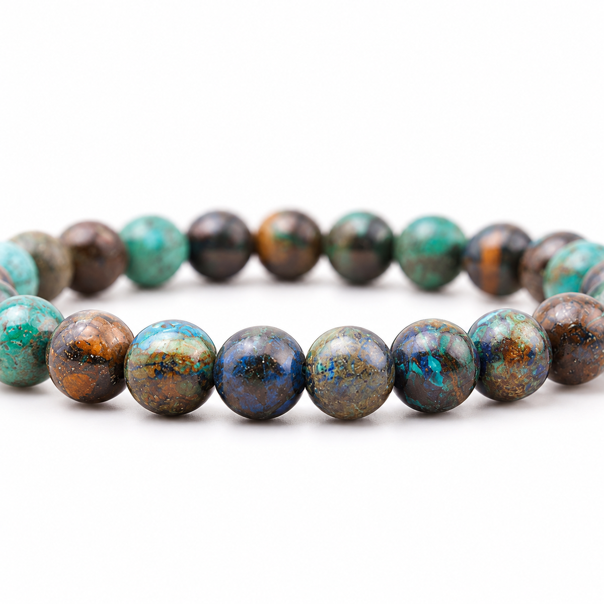 Bracelet en chrysocolle vu de profil, continuité du rang et jonctions entre les perles