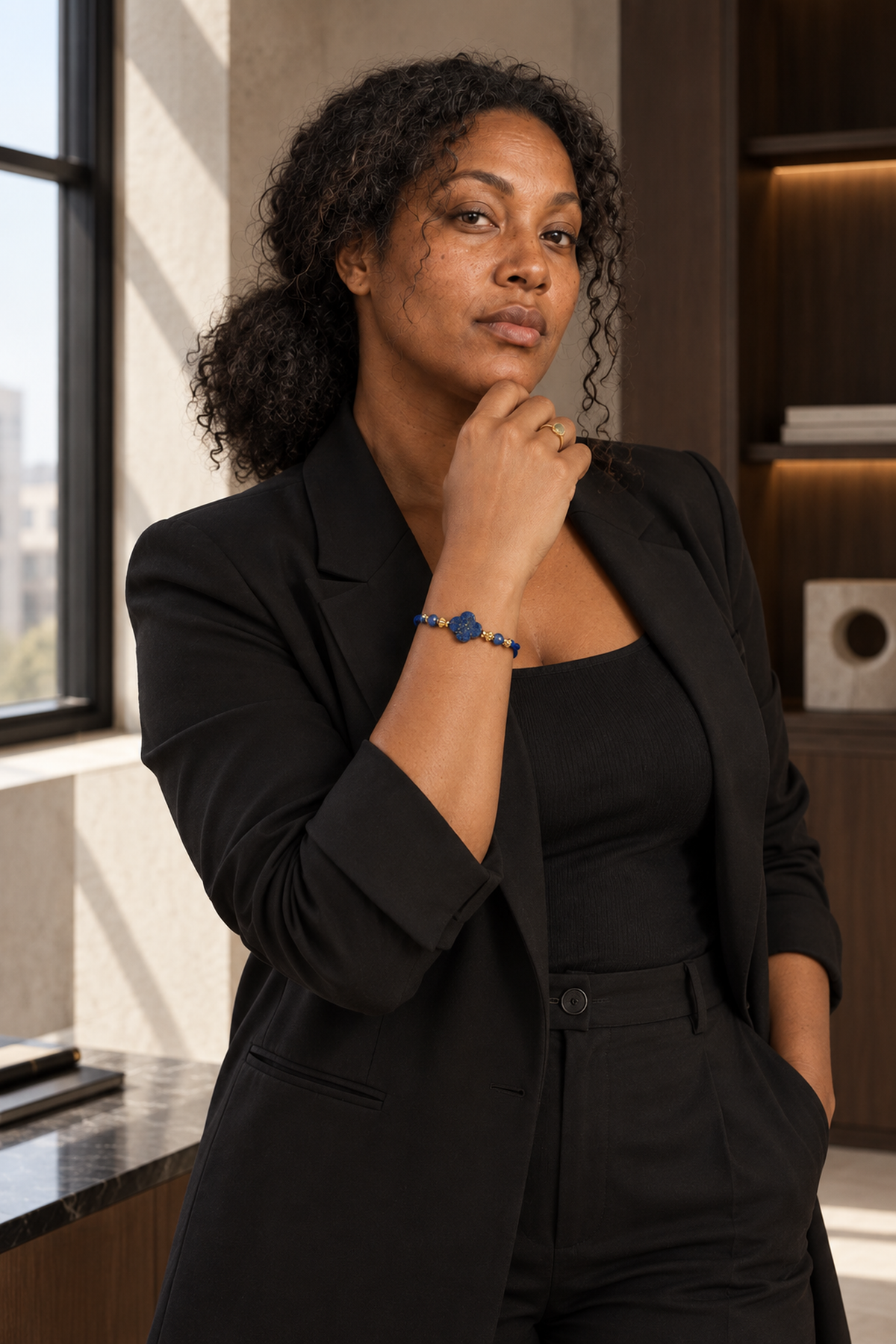 Scène portée verticale mettant en valeur le produit : Bracelet doré en lapis-lazuli 4 à 12 mm